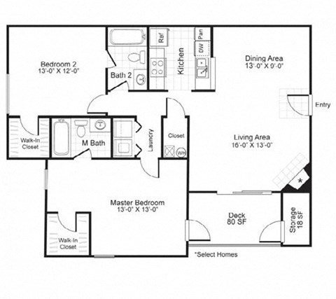 Floor plan for 2 beds, 2 baths, 1135 sqft
